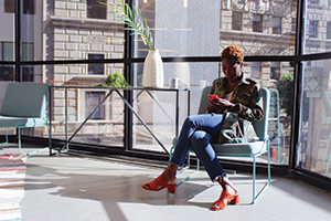 Angie Jean-Marie conducts campaign business at #VoteTogether’s co-working space, Cross Campus, in Los Angeles.