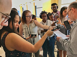 First semester students in a radio class at the Craig Newmark Graduate School of Journalism at CUNY (Photo by Bob Sacha)