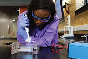 Arren Simpson, a reBUILDetroit trainee majoring in biology, works in the iNSPIRE Laboratory, which was partially funded by the university’s reBUILDetroit grant. This program is one of the 10 Building Infrastructure Leading to Diversity (BUILD) programs, part of the NIH Common Fund’s Diversity Program Consortium. (Photo courtesy reBUILDetroit)
