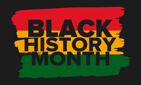 Illustration of red, orange, and green stripes with the words Black History Month written across them.