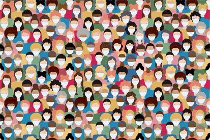 Illustration showing many people grouped together wearing facial masks.