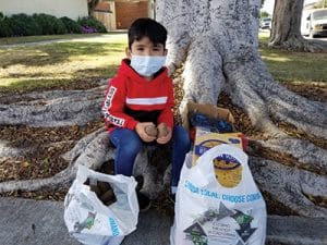 Photo of a boy in a face mask sitting by a tree surrounded by three bags filled with produce provided by The FarmLink Project