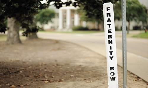 Photo of a sign on a college campus that reads Fraternity Row