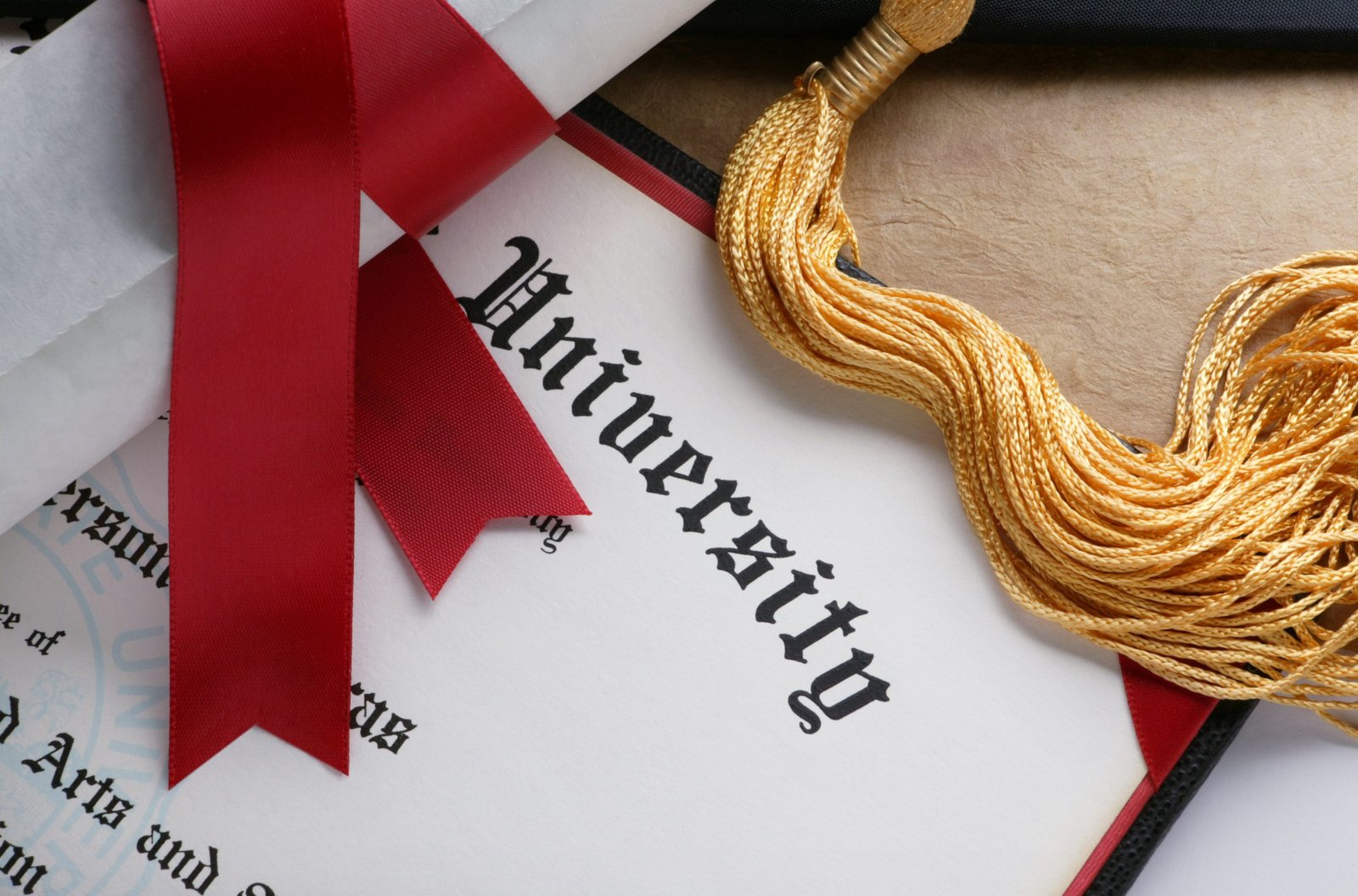 Photo of a university diploma with a golf tassel and rolled diploma with red ribbon