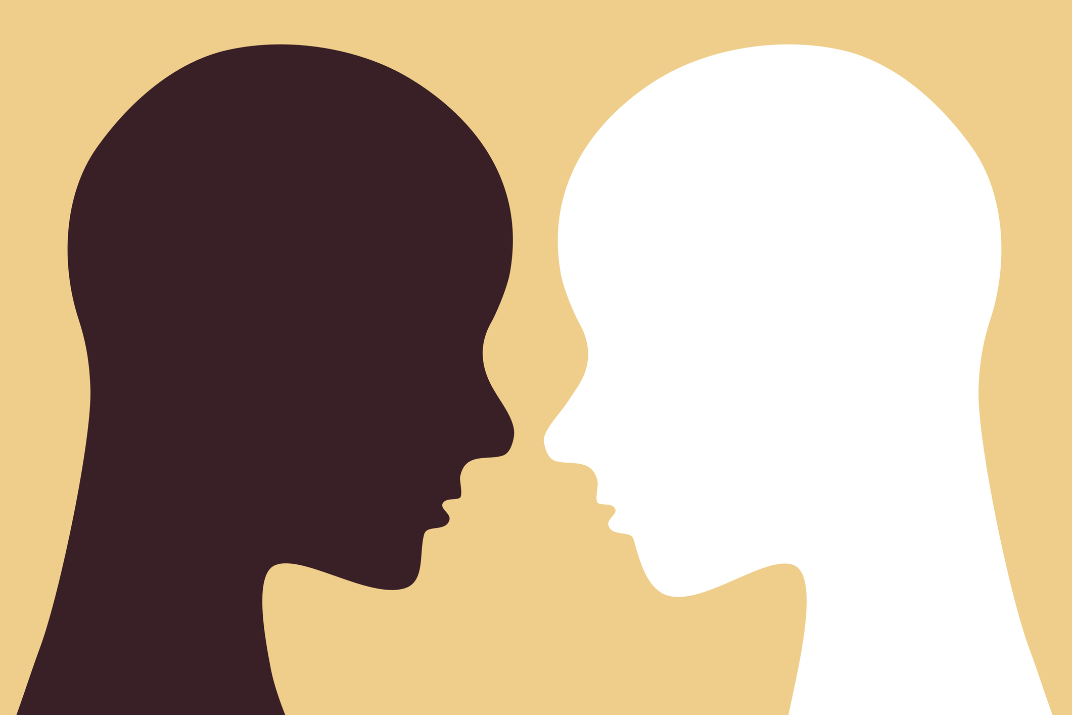Illustration of a Black person's head facing a White person's head.