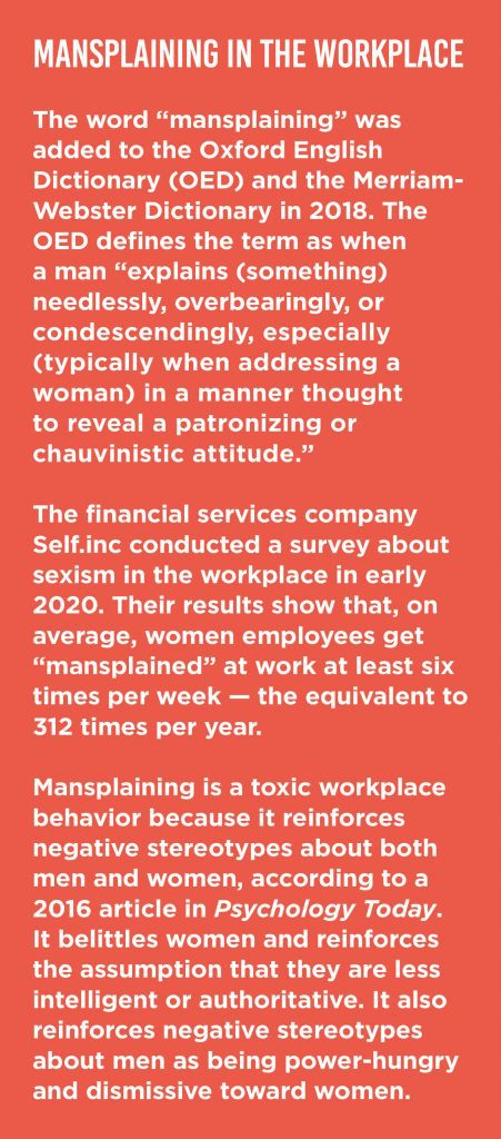 Text box describing what "mansplaining" is and why it can be harmful in the workplace.