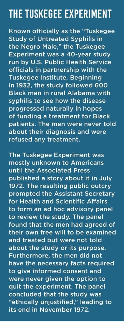 Text box about the Tuskegee Experiment run on Black men in rural Alabama from 1942 to 1972