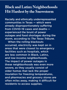 Text box describing how Black and Latinx neighborhoods were disproportionately impacted by the winter storm in Texas