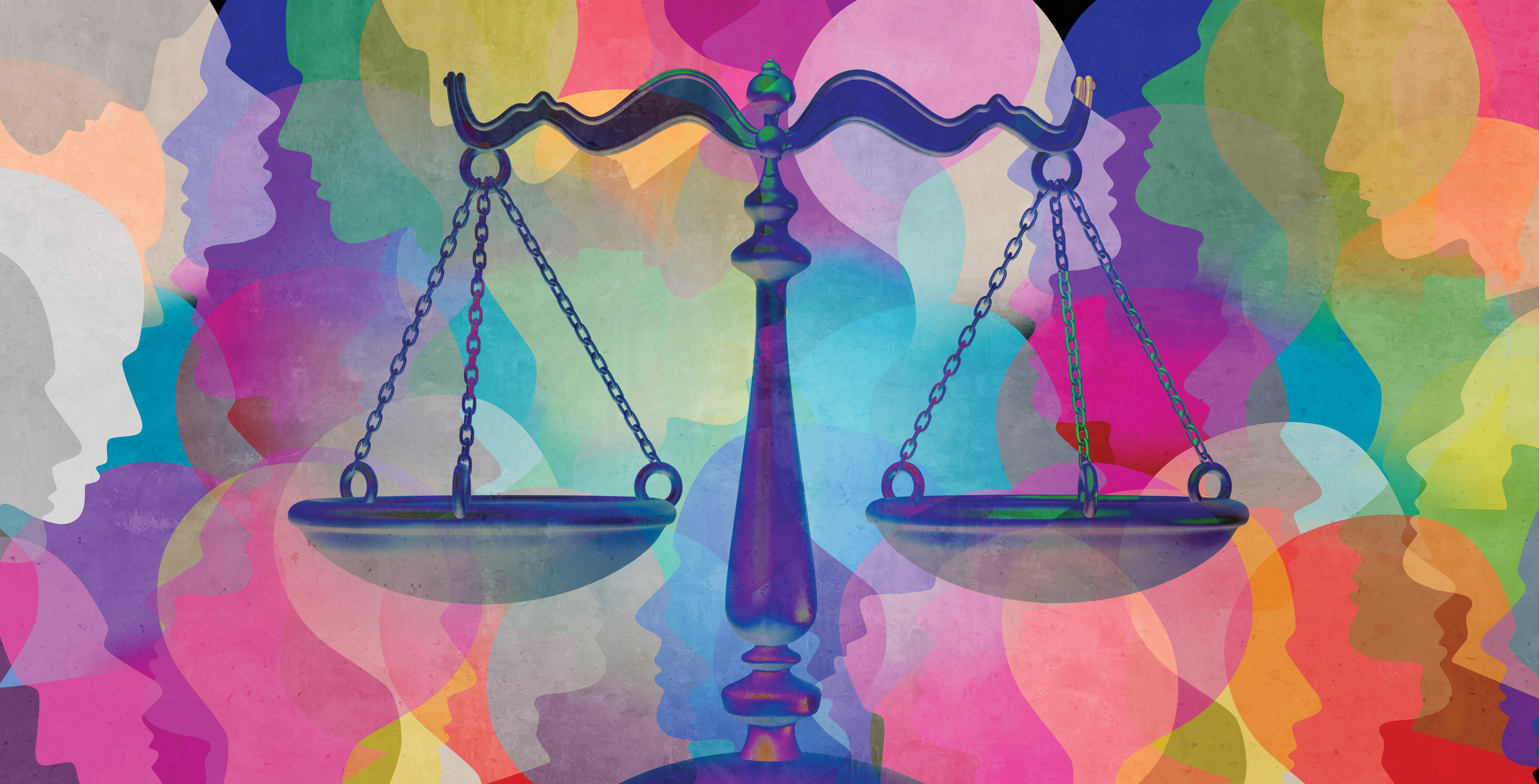 Photo of a scale with faces in the background in LGBTQ Pride colors.