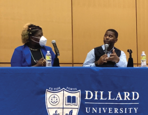 Dillard University chaplain Rev. Herbert Brisbon III describes the spiritual support that the university provides to students as Pearl Ricks, executive director of the Reproductive Justice Action Collective, looks on.