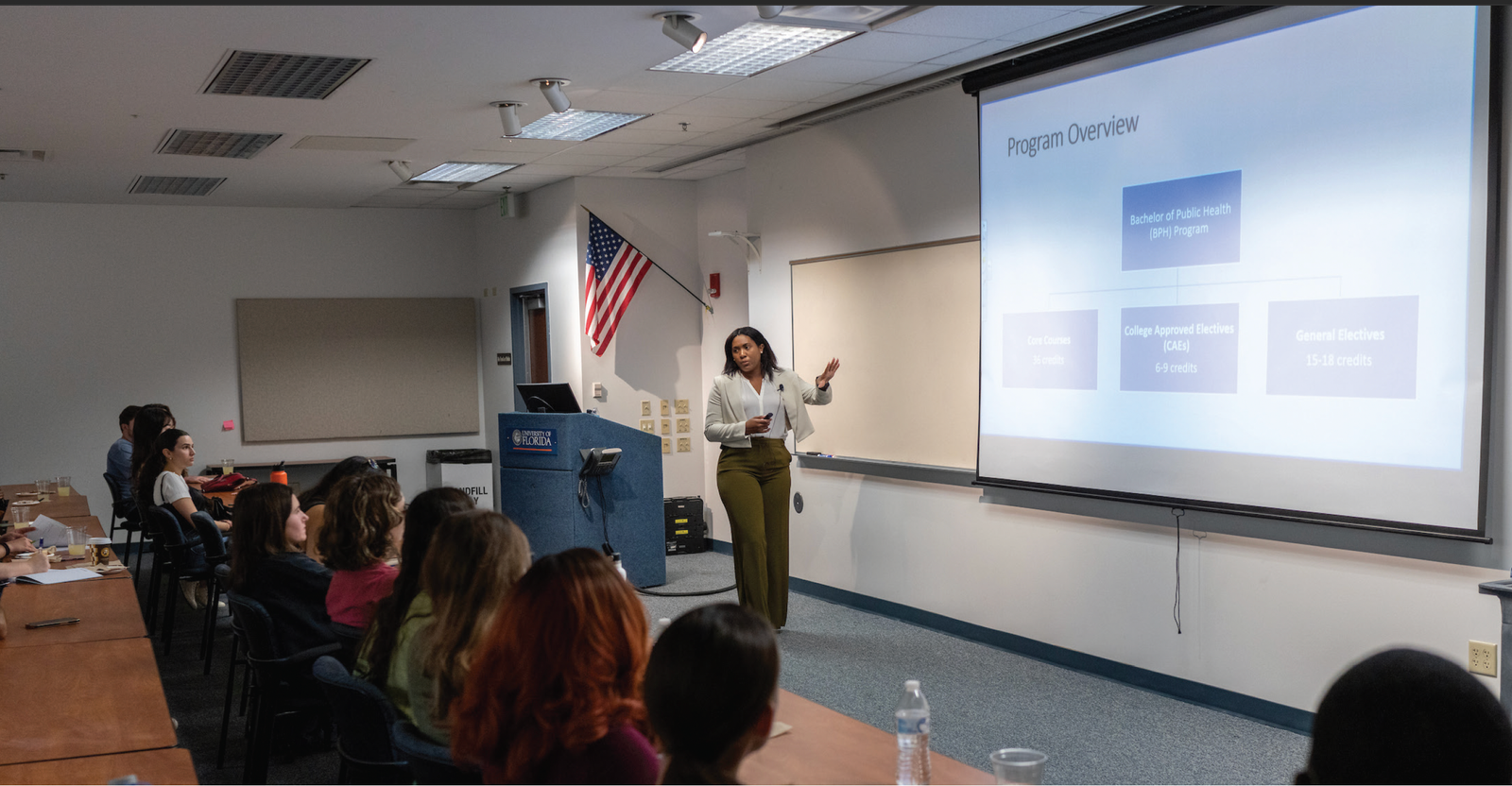 Brittney Dixon teaches a class at the University of Florida. Dixon was hired as a result of a program by the College of Public Health and Health Professions to support a critical need for diverse research and instruction. (Photo courtesy of Jesse S. Jones/UF Health)
