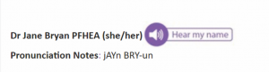 NameCoach audio badge is used in an email signature by Jane Bryan, PhD, reader at the University of Warwick School of Law and founder of the Say My Name Project. (Images courtesy of Jane Bryan, PhD)