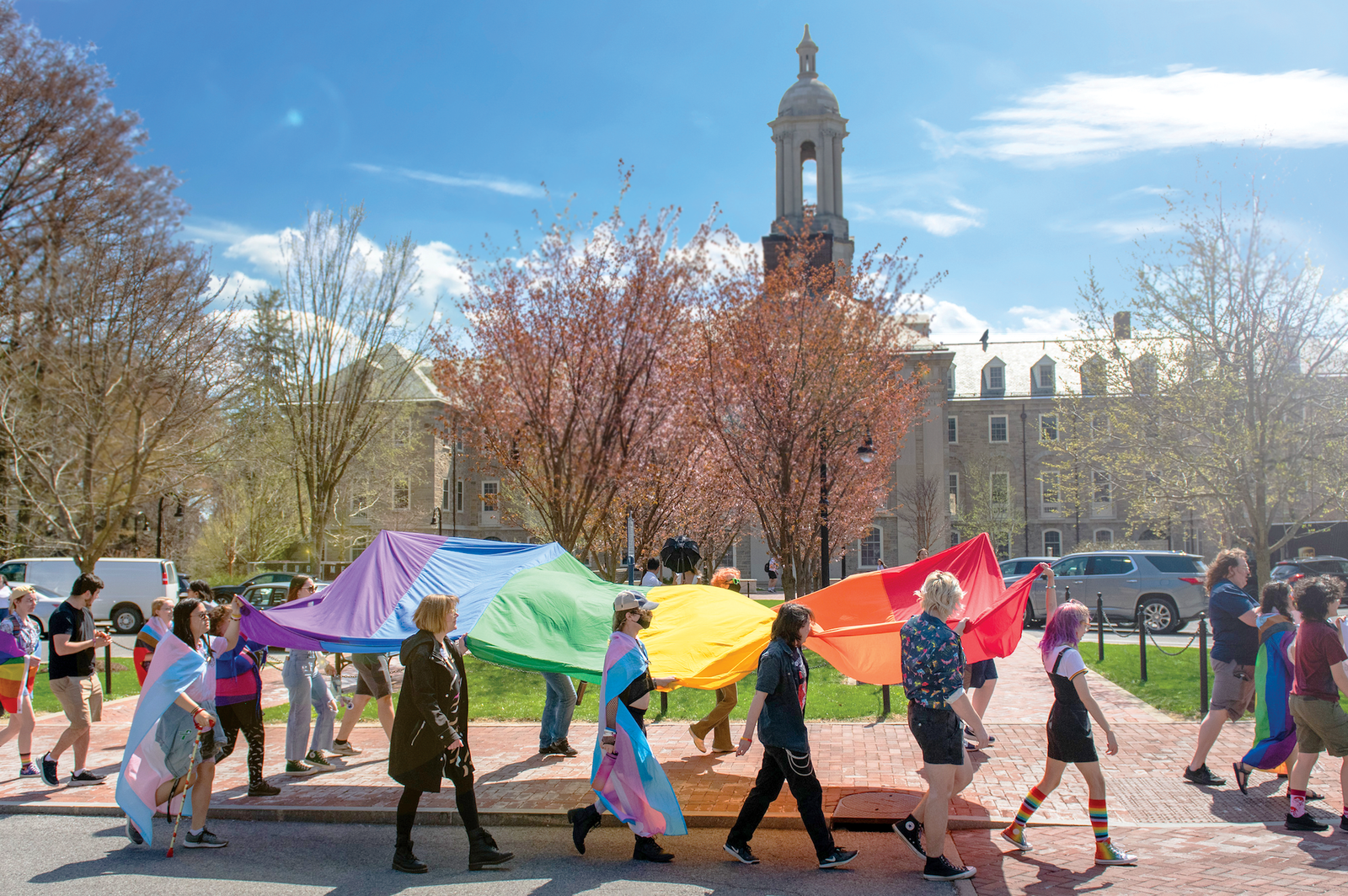 Students participate in the LGBTQ+ Pride March at Pennsylvania State University on April 12, 2023. (Photo courtesy of Patrick Mansell/Penn State)